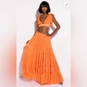 Akira Villa Dreams Pleated Orange Maxi Skirt